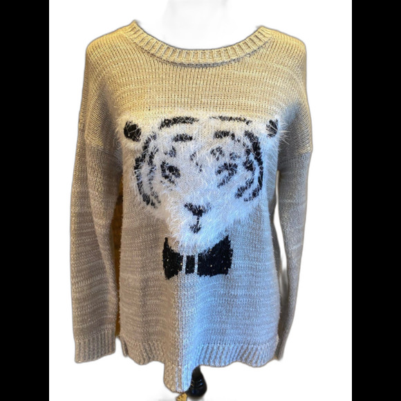 Say What? White Tiger Crew Neck Size Large Unique Holiday Fun Christmas Sweater - Picture 1 of 10